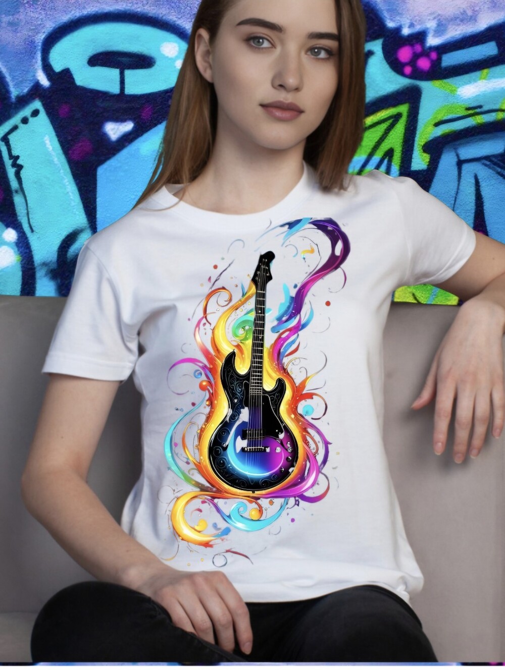 Luxury Neon Electric Guitar Streetwear Graphic Tee - Size L